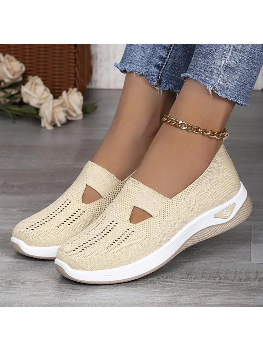 Women's Beige Lightweight Orthopedic Woven Breathable Pull On Sneakers